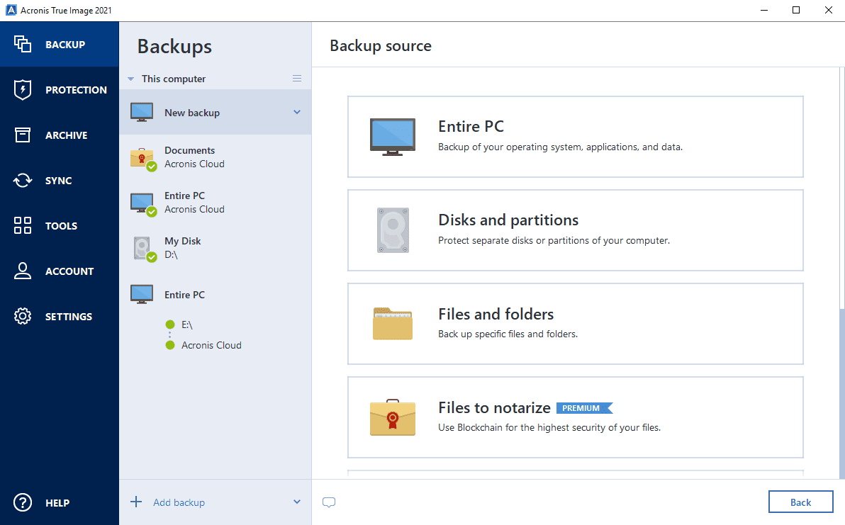 Backups Tab Backup Source Screenshot