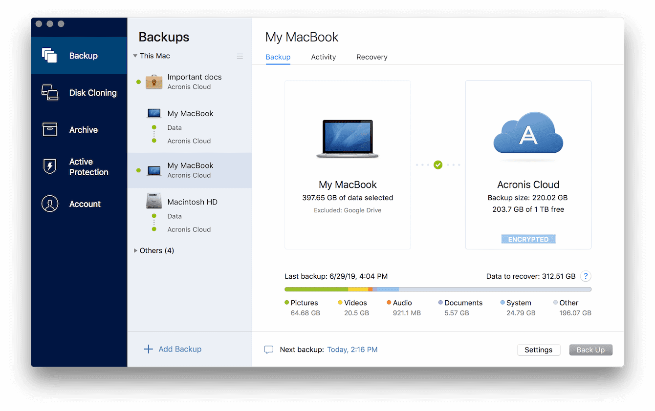 Backups Acronis True Image for Mac Backups Screenshot
