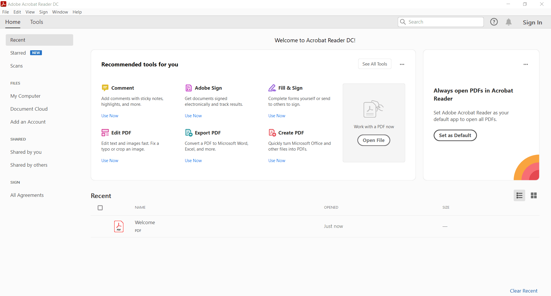 Overview Adobe Acrobat Reader DC Main Interface Screenshot