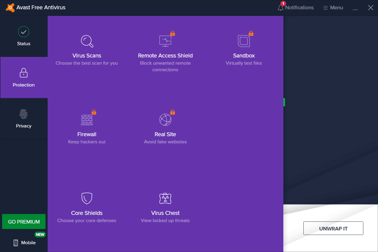 Protection Tab Avast Free Antivirus Protection Tab Screenshot
