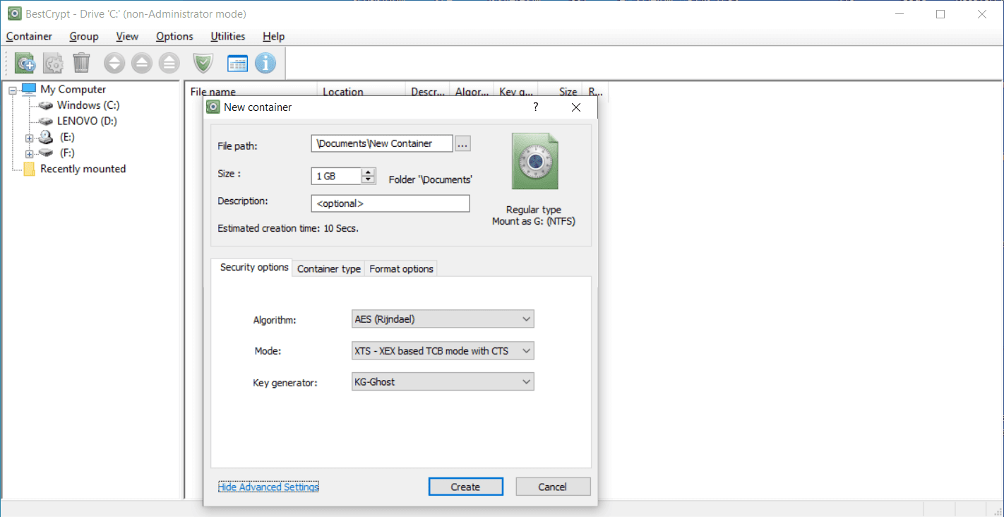BestCrypt Container Encryption Main Interface Screenshot