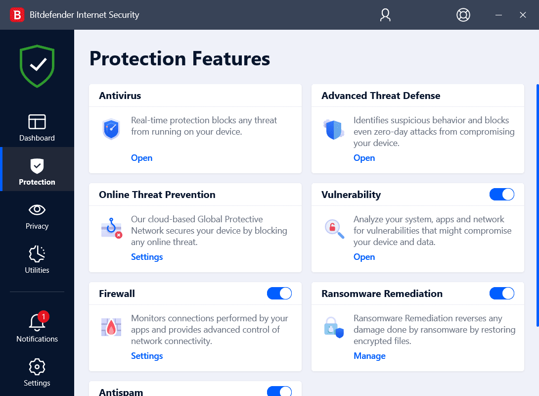 Bitdefender Internet Security Protection Features Screenshot