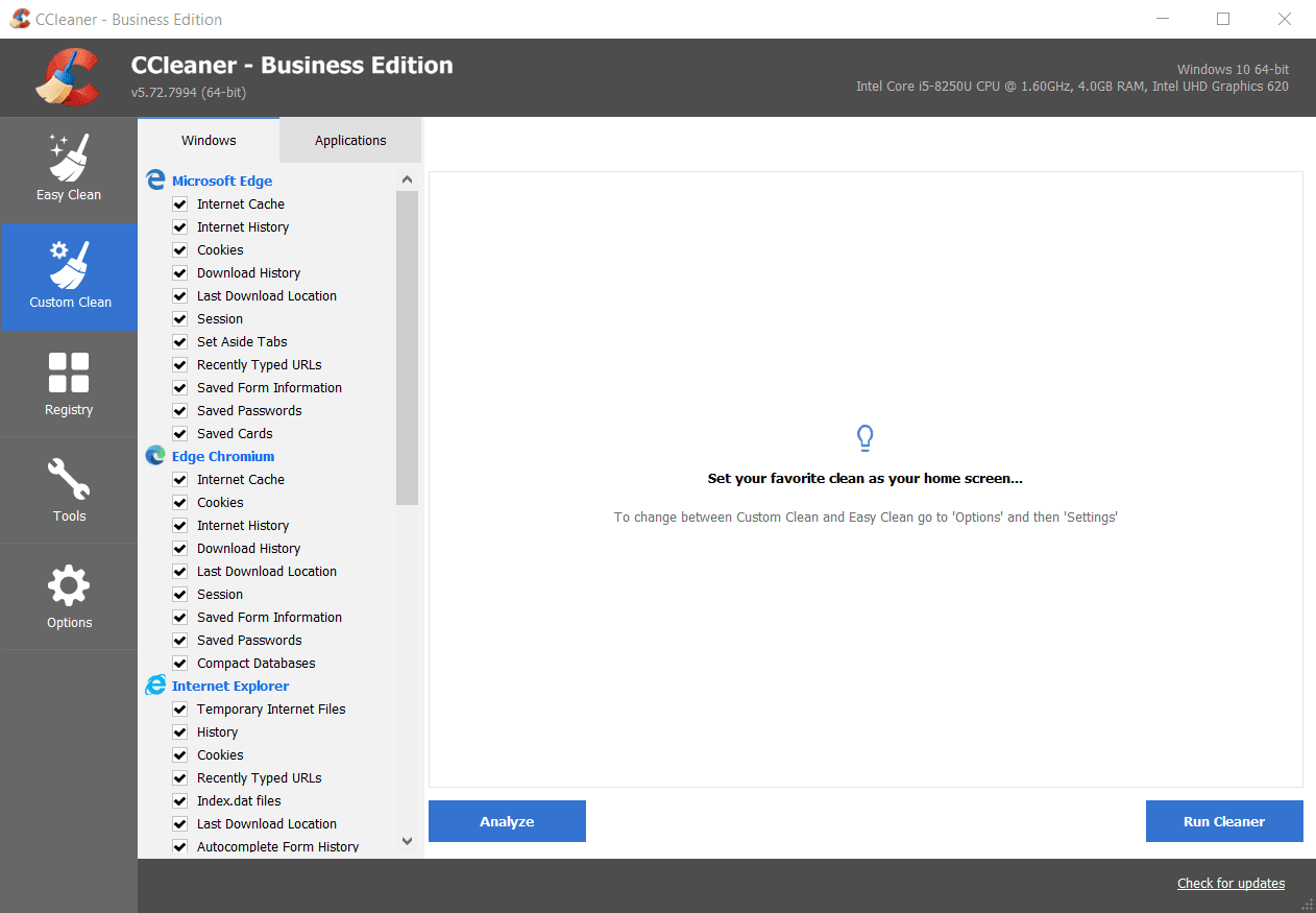 Custom Clean Screenshot of CCleaner Business Custom Clean Module