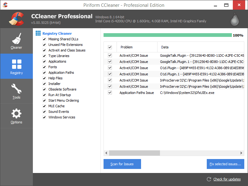 Screenshot of CCleaner's Registry Cleaner Module
