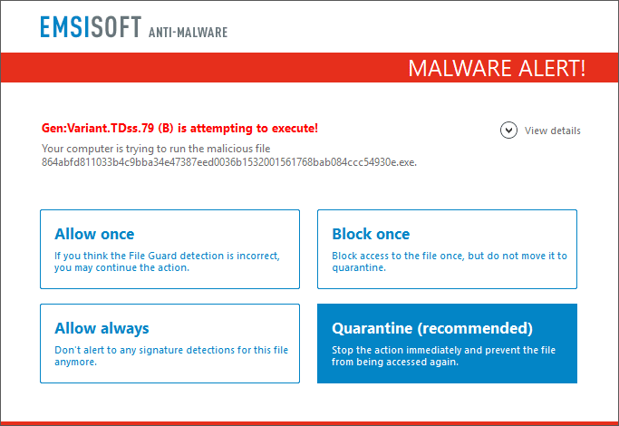 Malware Alert Emsisoft Anti-Malware Malware Alert Screenshot