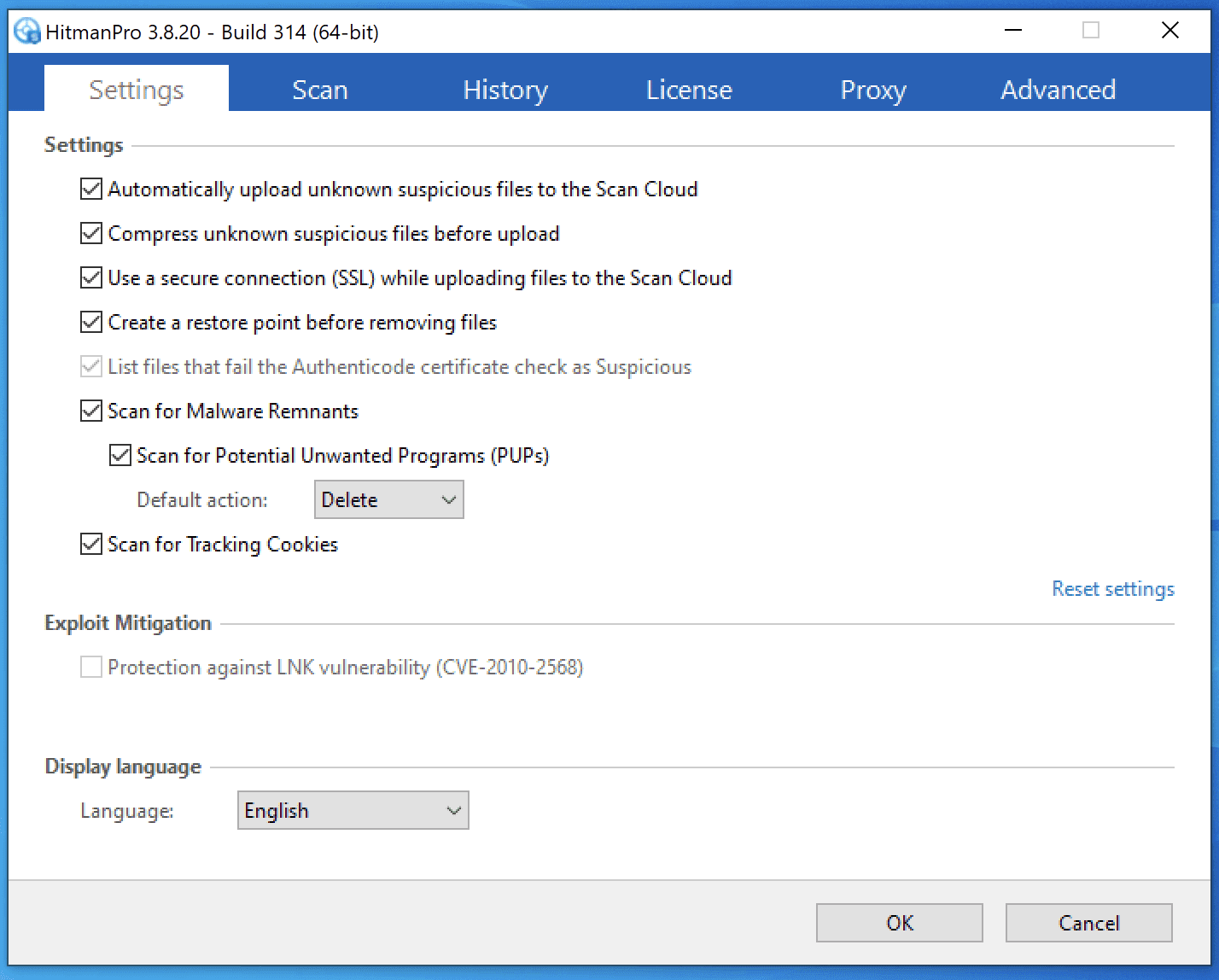 HitmanPro Settings Screenshot