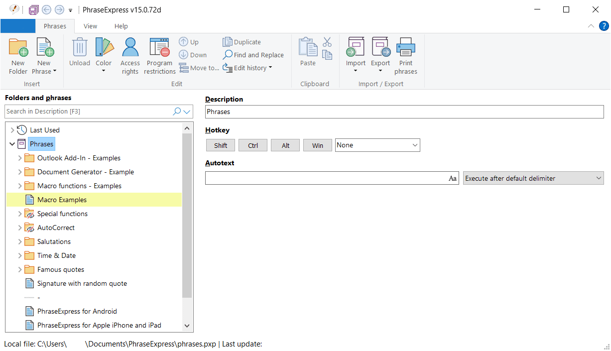 Overview PhraseExpress Main Interface Screenshot