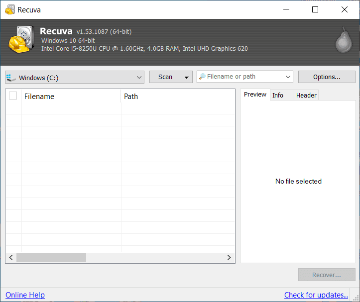 Screenshot of Recuva's Main Interface