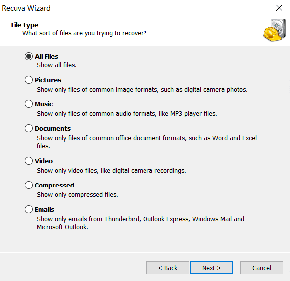 Screenshot of Wizard FileType Window