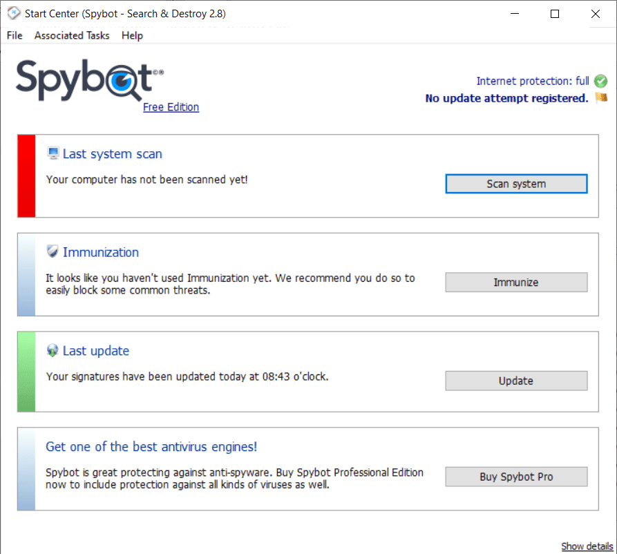 Overview SpyBot Search and Destroy Main Interface Screenshot
