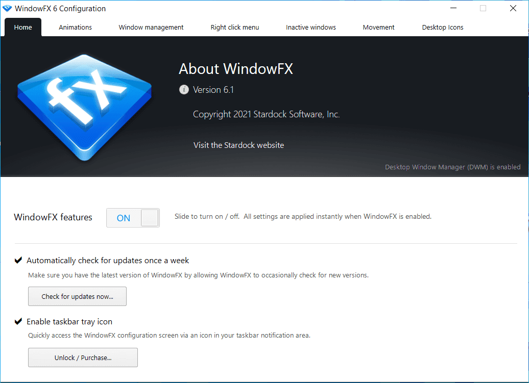 Overview Stardock WindowFX Main Interface Screenshot