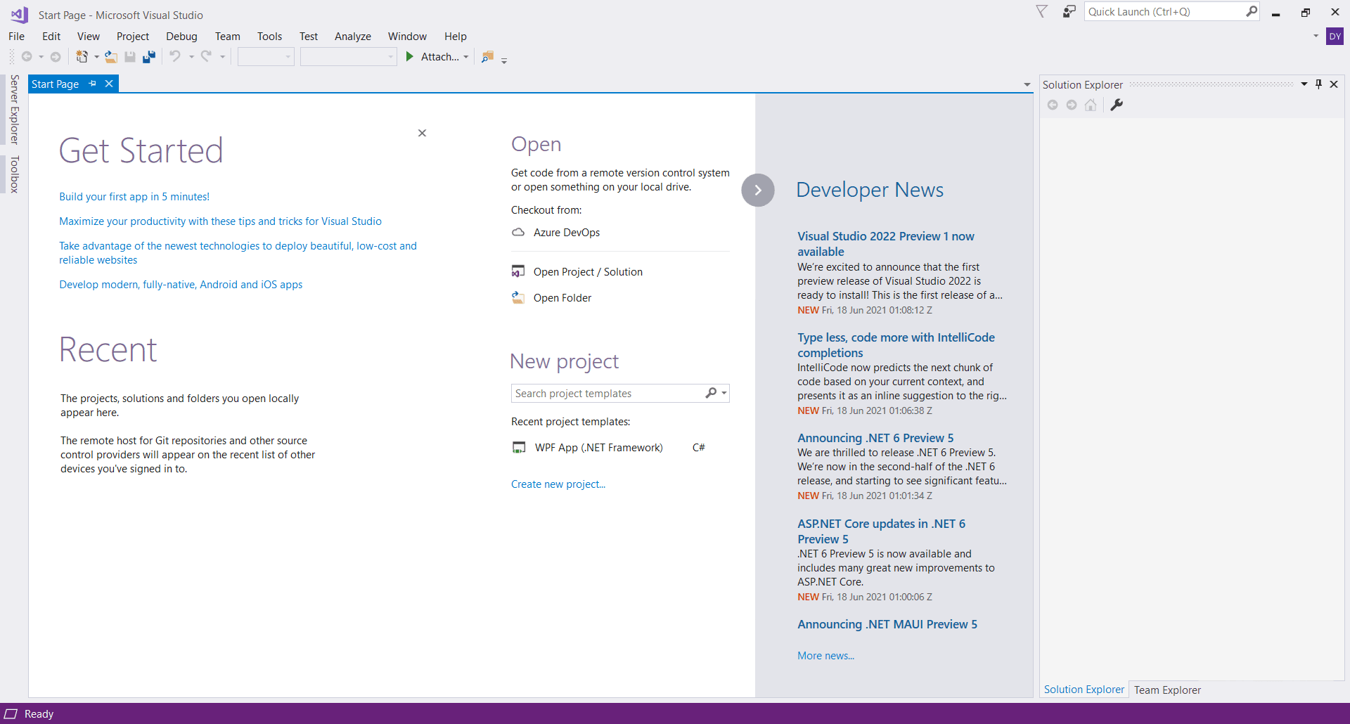 Overview Visual Studio 2017 Main Interface Screenshot