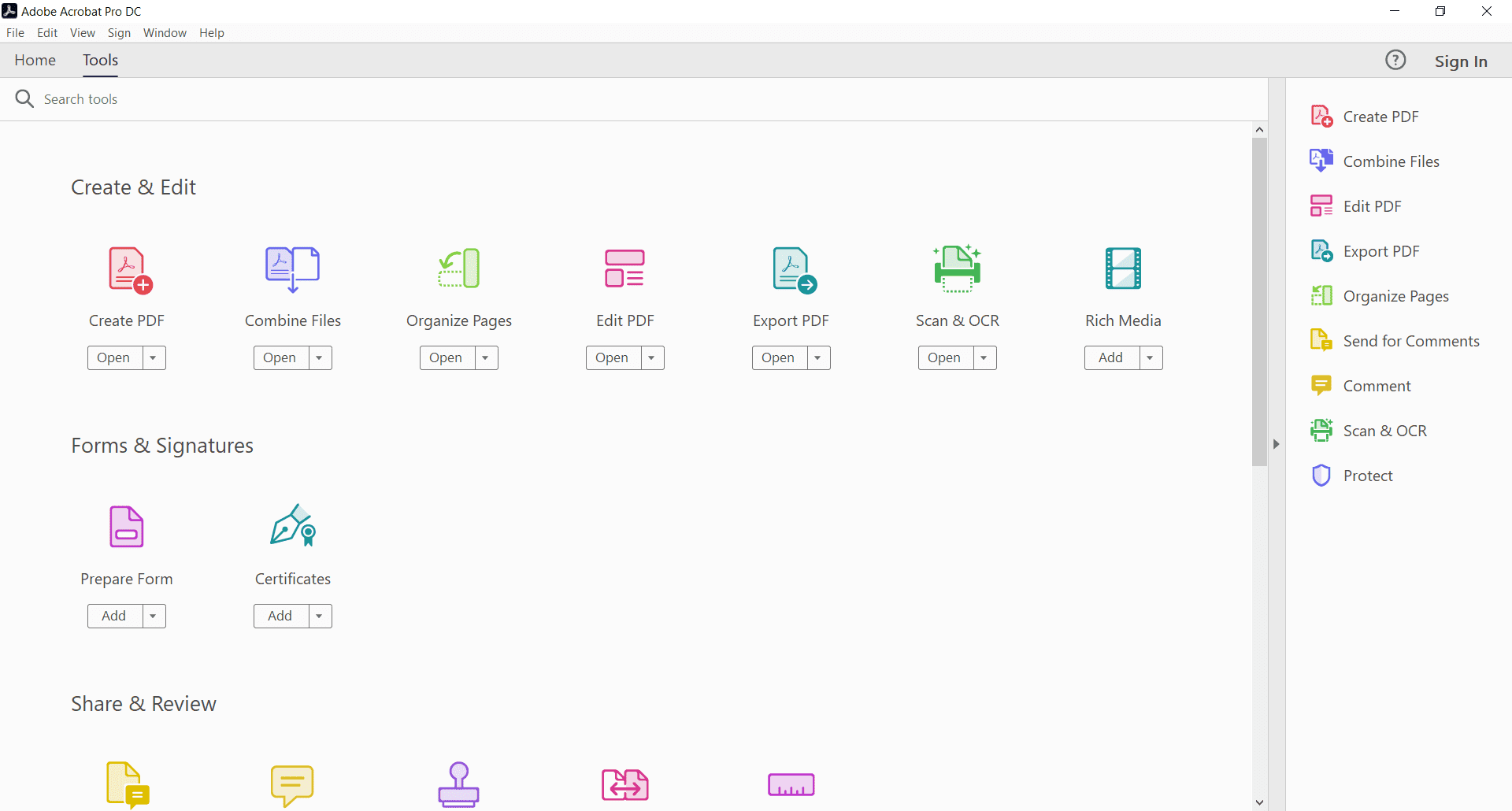 Tools Tab Adobe Acrobat Pro DC Tools Screenshot